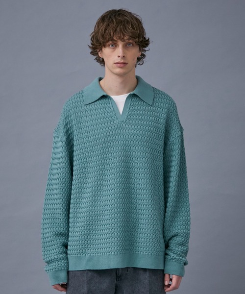 PUBLIC TOKYO（パブリックトウキョウ）の「ウエーブスキッパーニットポロ（ニット/セーター・メンズ・ブラック/ミント・FREE）」の3枚目の写真