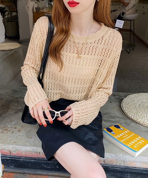 NinaetLina(ニナエリナ)の「シアーショート丈ニット(Tシャツ/カットソー・レディース・ライトベージュ/カーキ/ブラウン/ブラック/ホワイト・FREE)」の14枚目の写真