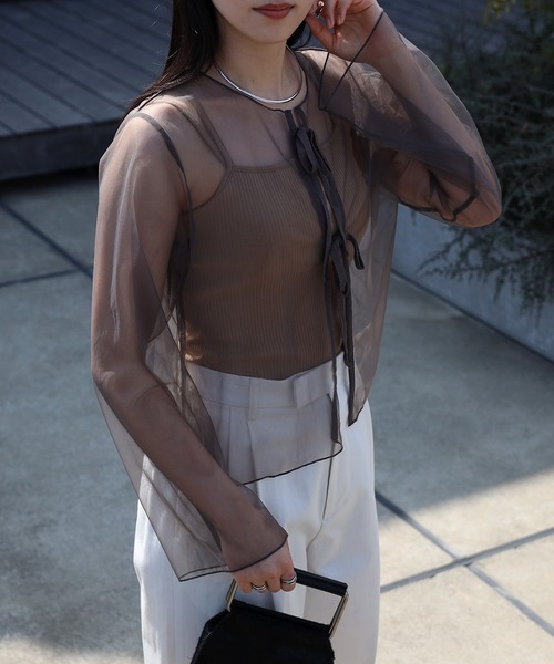 COMMRE（コムル）の「【前後2WAY】リボンチュールカーデ（シャツ/ブラウス・レディース・ミント/オレンジ/チャコールグレー・FREE）」の6枚目の写真