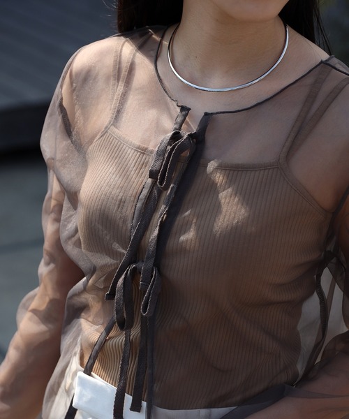 COMMRE（コムル）の「【前後2WAY】リボンチュールカーデ（シャツ/ブラウス・レディース・ミント/オレンジ/チャコールグレー・FREE）」の9枚目の写真