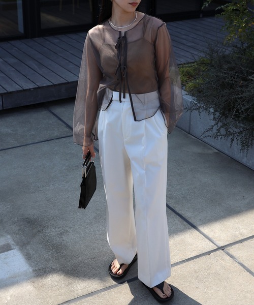 COMMRE（コムル）の「【前後2WAY】リボンチュールカーデ（シャツ/ブラウス・レディース・ミント/オレンジ/チャコールグレー・FREE）」の10枚目の写真