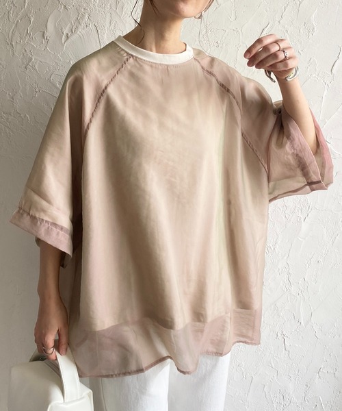 She's Closet(シーズクローゼット)の「オーガンジー異素材ドッキングラグランスリーブシアーレイヤード半袖Tシャツ(Tシャツ/カットソー・レディース・グレイッシュベージュ/ブラック/アイボリー/ピンク/ブルーグレー・FREE)」の5枚目の写真