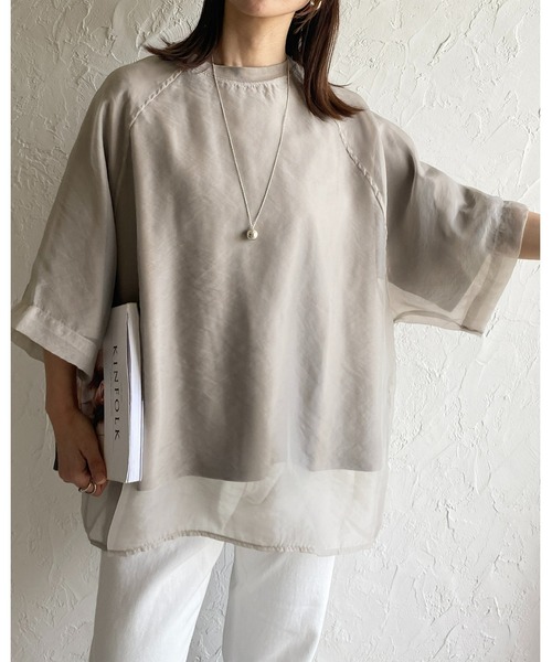 She's Closet(シーズクローゼット)の「オーガンジー異素材ドッキングラグランスリーブシアーレイヤード半袖Tシャツ(Tシャツ/カットソー・レディース・グレイッシュベージュ/ブラック/アイボリー/ピンク/ブルーグレー・FREE)」の17枚目の写真
