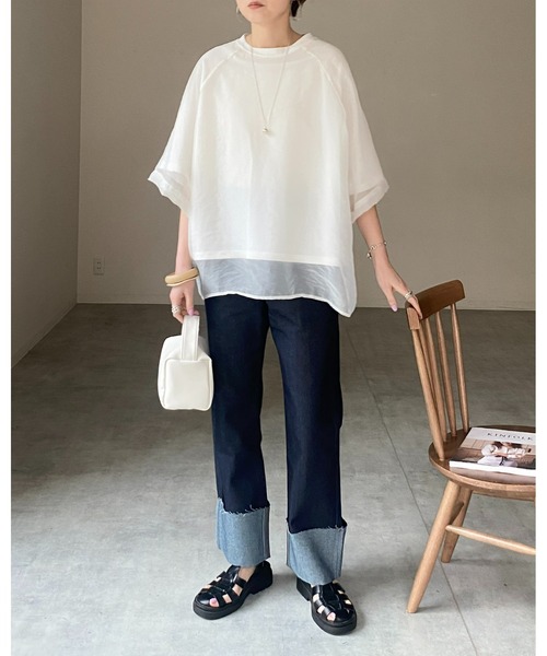 She's Closet(シーズクローゼット)の「オーガンジー異素材ドッキングラグランスリーブシアーレイヤード半袖Tシャツ(Tシャツ/カットソー・レディース・グレイッシュベージュ/ブラック/アイボリー/ピンク/ブルーグレー・FREE)」の18枚目の写真