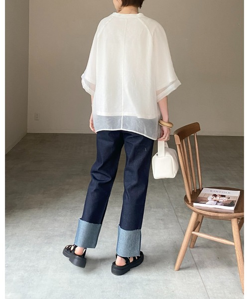 She's Closet(シーズクローゼット)の「オーガンジー異素材ドッキングラグランスリーブシアーレイヤード半袖Tシャツ(Tシャツ/カットソー・レディース・グレイッシュベージュ/ブラック/アイボリー/ピンク/ブルーグレー・FREE)」の12枚目の写真