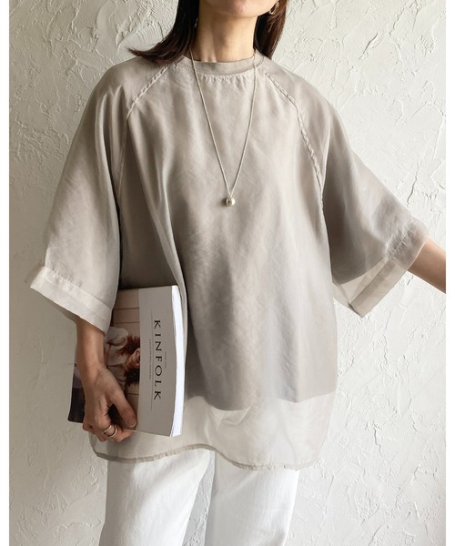 She's Closet(シーズクローゼット)の「オーガンジー異素材ドッキングラグランスリーブシアーレイヤード半袖Tシャツ(Tシャツ/カットソー・レディース・グレイッシュベージュ/ブラック/アイボリー/ピンク/ブルーグレー・FREE)」の20枚目の写真