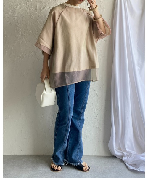 She's Closet(シーズクローゼット)の「オーガンジー異素材ドッキングラグランスリーブシアーレイヤード半袖Tシャツ(Tシャツ/カットソー・レディース・グレイッシュベージュ/ブラック/アイボリー/ピンク/ブルーグレー・FREE)」の8枚目の写真