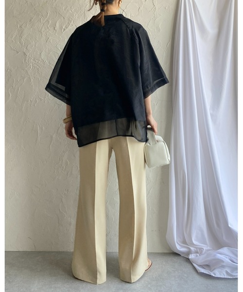 She's Closet(シーズクローゼット)の「オーガンジー異素材ドッキングラグランスリーブシアーレイヤード半袖Tシャツ(Tシャツ/カットソー・レディース・グレイッシュベージュ/ブラック/アイボリー/ピンク/ブルーグレー・FREE)」の21枚目の写真