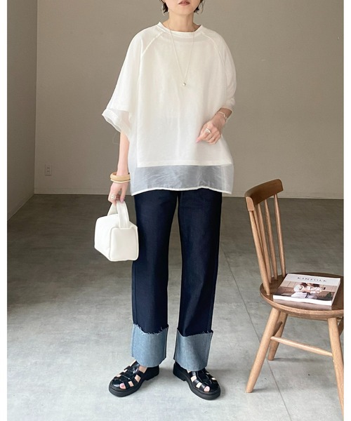 She's Closet(シーズクローゼット)の「オーガンジー異素材ドッキングラグランスリーブシアーレイヤード半袖Tシャツ(Tシャツ/カットソー・レディース・グレイッシュベージュ/ブラック/アイボリー/ピンク/ブルーグレー・FREE)」の15枚目の写真
