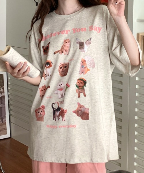 Vipoa(ヴィポア)の「Cat collage design oversize tee(Tシャツ/カットソー・レディース・オートミール・FREE)」の3枚目の写真