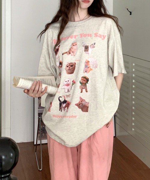 Vipoa(ヴィポア)の「Cat collage design oversize tee(Tシャツ/カットソー・レディース・オートミール・FREE)」の2枚目の写真