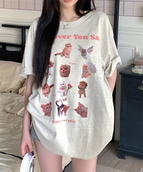 Vipoa(ヴィポア)の「Cat collage design oversize tee(Tシャツ/カットソー・レディース・オートミール・FREE)」の11枚目の写真