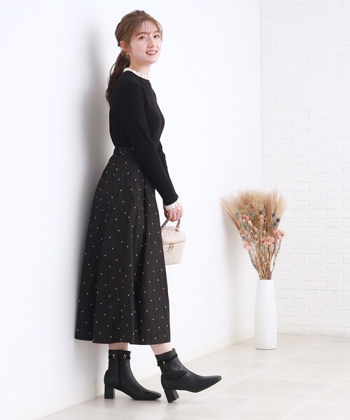 couture brooch（クチュールブローチ）の「◆【吸湿発熱/洗える】KITHOT配色透かしフリルリブニット（ニット/セーター・レディース・ブラック/サックスブルー/ブルー系その他・38/42/36）」の6枚目の写真