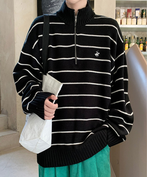 【セール】【neos -addictive design-】BEVERLY HILLS POLO CLUB ビバリーヒルズ ポロクラブ ルーズシルエット ハーフジップ ボーダー ニット アノラック（ニット/セーター）｜BEVERLY HILLS POLO CLUB（ビバリーヒルズポロクラブ）
