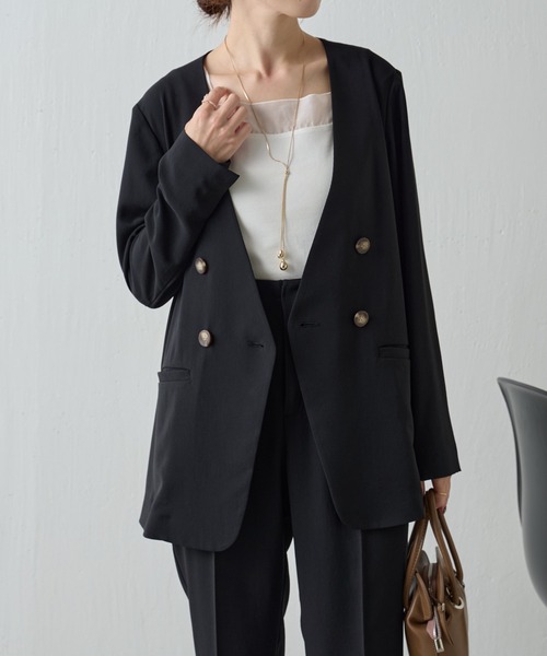 COLLAGE GALLARDAGALANTE（コラージュガリャルダガランテ）の「ジャージノーカラーダブルジャケット/セットアップ可（ノーカラージャケット・レディース・ベージュ/ブラック/チャコールグレー・FREE）」の14枚目の写真