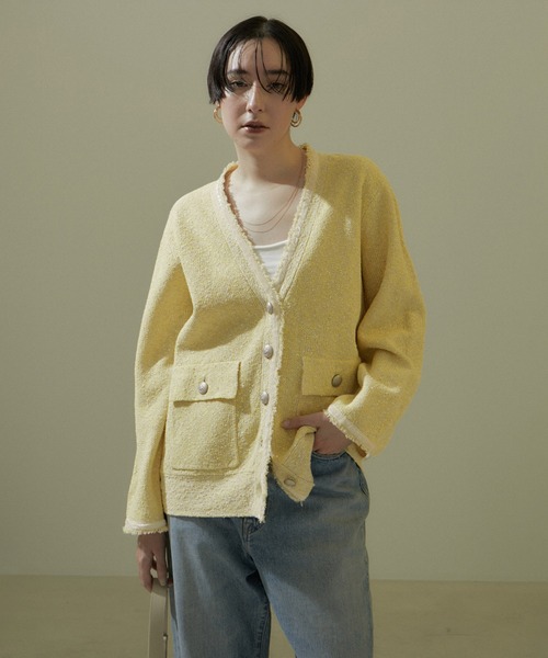 SALON adam et rope'（サロン アダム エ ロペ）の「ツイードVネックメタルボタンジャケット/カーディガン【洗える】（カーディガン/ボレロ・レディース・ブルー系その他5/イエロー系その他・FREE）」の14枚目の写真