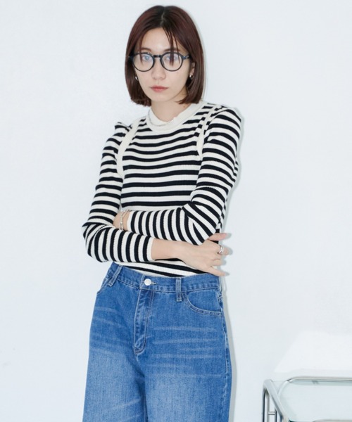 Auntie Rosa Holiday(アンティローザホリデー)の「ボーダーパワショルニット(ニット/セーター・レディース・ホワイト系その他・FREE)」の3枚目の写真