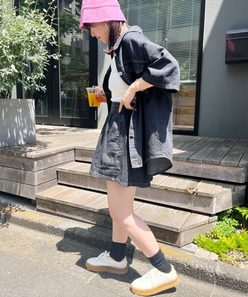CLEA(クレア)の「オーバー半袖シャツ&ショートパンツ コットンデニムセットアップ(セットアップ・レディース・ブルー/ブラック・FREE)」の5枚目の写真