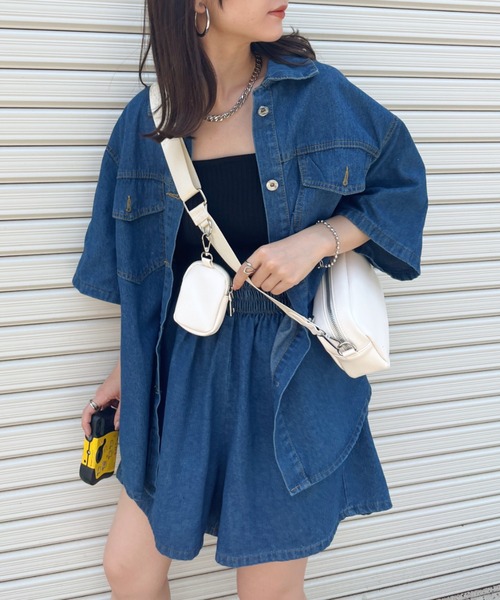 CLEA(クレア)の「オーバー半袖シャツ&ショートパンツ コットンデニムセットアップ(セットアップ・レディース・ブルー/ブラック・FREE)」の8枚目の写真