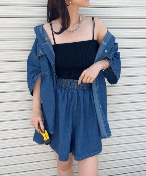 CLEA(クレア)の「オーバー半袖シャツ&ショートパンツ コットンデニムセットアップ(セットアップ・レディース・ブルー/ブラック・FREE)」の9枚目の写真