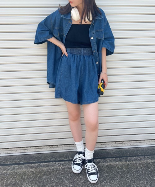 CLEA(クレア)の「オーバー半袖シャツ&ショートパンツ コットンデニムセットアップ(セットアップ・レディース・ブルー/ブラック・FREE)」の11枚目の写真