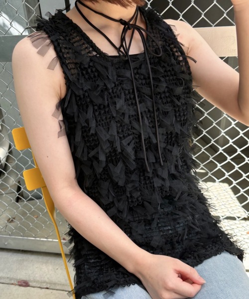 Birthday room（バースデイルーム）の「チュールフリンジジャガードリボンベスト（ベスト・レディース・ブラック/ホワイト・FREE）」の5枚目の写真