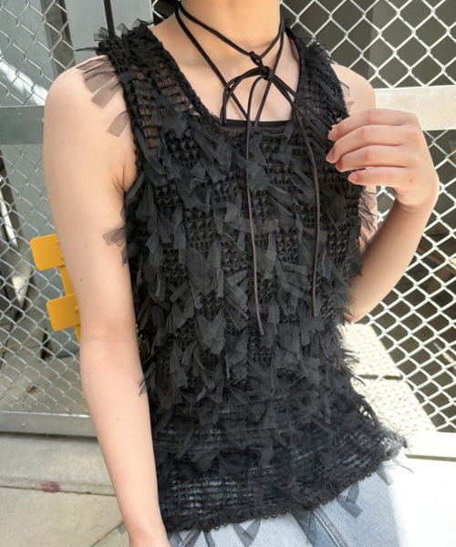 Birthday room（バースデイルーム）の「チュールフリンジジャガードリボンベスト（ベスト・レディース・ブラック/ホワイト・FREE）」の6枚目の写真