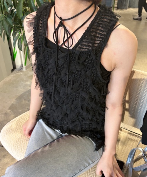 Birthday room（バースデイルーム）の「チュールフリンジジャガードリボンベスト（ベスト・レディース・ブラック/ホワイト・FREE）」の10枚目の写真