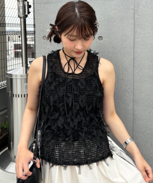 Birthday room（バースデイルーム）の「チュールフリンジジャガードリボンベスト（ベスト・レディース・ブラック/ホワイト・FREE）」の14枚目の写真