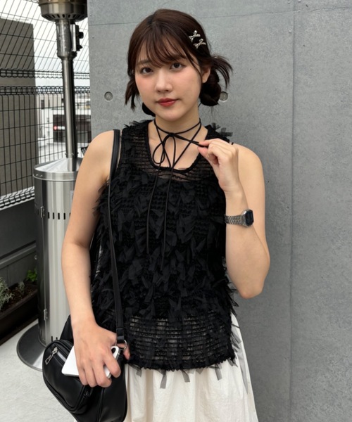 Birthday room（バースデイルーム）の「チュールフリンジジャガードリボンベスト（ベスト・レディース・ブラック/ホワイト・FREE）」の15枚目の写真