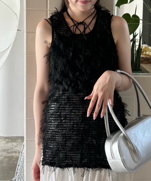 Birthday room（バースデイルーム）の「チュールフリンジジャガードリボンベスト（ベスト・レディース・ブラック/ホワイト・FREE）」の18枚目の写真