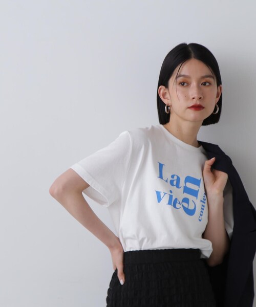 N.（N. Natural Beauty Basic）（エヌエヌナチュラルビューティーベーシック）の「◆【La vie en couleurs】ロゴプリントTシャツ（Tシャツ/カットソー・レディース・オフホワイト/ベージュ/ホワイト系その他/ピンク・MEDIUM）」の6枚目の写真