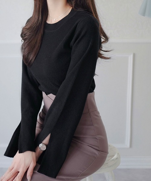mily bilet(ミウィビレット)の「【mily bilet】オンシーンでも着れる大人こなれ感。袖スリットフレアスリーブリブニット(ニット/セーター・レディース・モカ/ピンク/ブラック/アイボリー・LARGE/MEDIUM/SMALL/X-LARGE)」の9枚目の写真