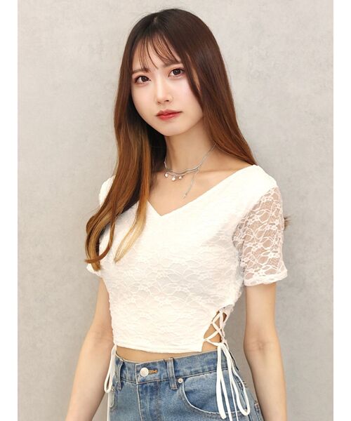 EATME(イートミー)の「サイドレースアップクロップドTOP(Tシャツ/カットソー・レディース・イエロー/ブルー/オフホワイト/ブラック・FREE)」の2枚目の写真