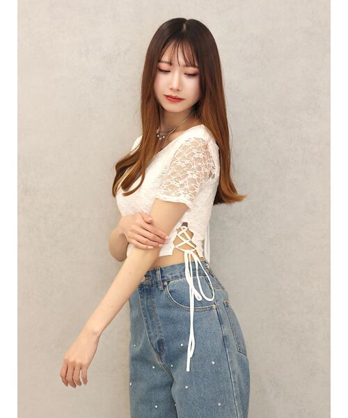 EATME(イートミー)の「サイドレースアップクロップドTOP(Tシャツ/カットソー・レディース・イエロー/ブルー/オフホワイト/ブラック・FREE)」の9枚目の写真