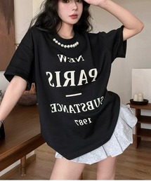 パール付きロゴプリントオーバーサイズTシャツ