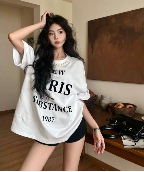Jayro（ジャイロ）の「パール付きロゴプリントオーバーサイズTシャツ（Tシャツ/カットソー・レディース・ホワイト/ブラック/グレー・FREE）」の6枚目の写真
