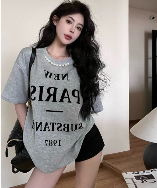 Jayro（ジャイロ）の「パール付きロゴプリントオーバーサイズTシャツ（Tシャツ/カットソー・レディース・ホワイト/ブラック/グレー・FREE）」の11枚目の写真