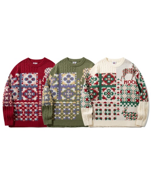 HOOK(フック)の「HOOK -original- 北欧模様パッチワーク風ニット (AW)(ニット/セーター・メンズ・ライトベージュ/モスグリーン/レッド・M/XL/L)」の4枚目の写真