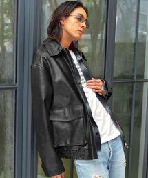 【FFEIN(フェイン)】ビックシルエットフェイクレザーA-2ジャケット / 合皮 ブルゾン ジップ ダブルポケット