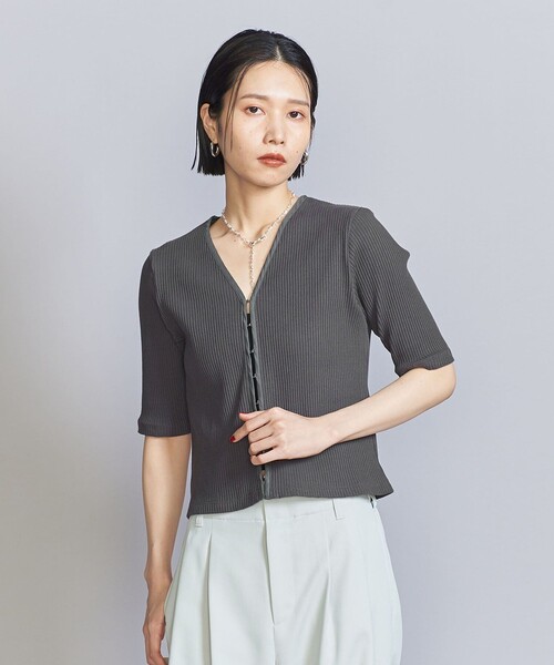 H beauty&youth リブフレアスリーブカットソー H＞シアーフライス ハーフスリーブカットソー（Tシャツ