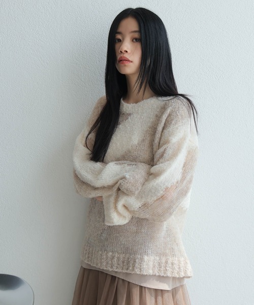 LADYMADE（レディメイド）の「シアーモヘアブロッキングニット（ニット/セーター・レディース・ライトベージュ/ブラック・FREE）」の2枚目の写真