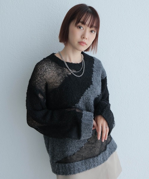 LADYMADE（レディメイド）の「シアーモヘアブロッキングニット（ニット/セーター・レディース・ライトベージュ/ブラック・FREE）」の9枚目の写真