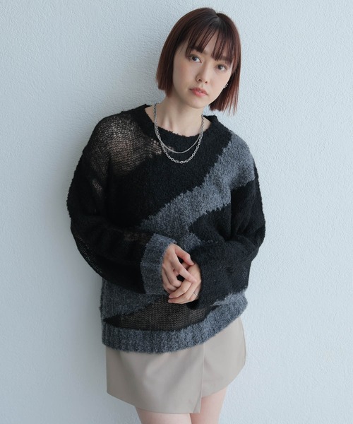 LADYMADE（レディメイド）の「シアーモヘアブロッキングニット（ニット/セーター・レディース・ライトベージュ/ブラック・FREE）」の3枚目の写真
