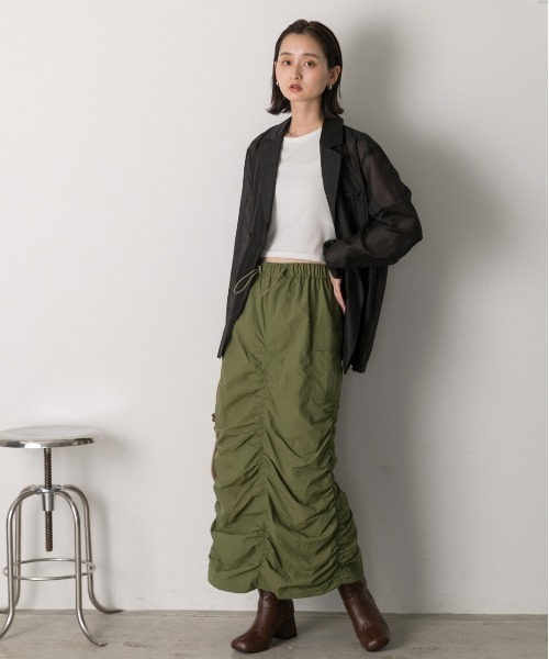 ad thie(アドティエ)の「Iライン・ナイロン ギャザーデザインスカート(スカート・レディース・チョコ/カーキ/ベージュ/ブラック・FREE)」の7枚目の写真