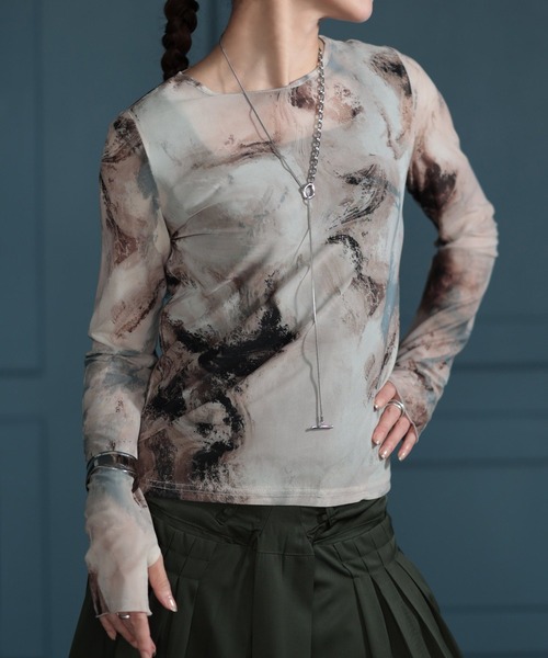 Sawa a la mode（サワアラモード）の「マーブル柄クルーネックチュールカットソー（Tシャツ/カットソー・レディース・ブラック/ピンク/ベージュ・FREE）」の2枚目の写真