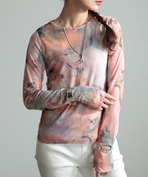 Sawa a la mode（サワアラモード）の「マーブル柄クルーネックチュールカットソー（Tシャツ/カットソー・レディース・ブラック/ピンク/ベージュ・FREE）」の3枚目の写真