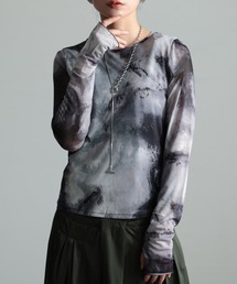 マーブル柄クルーネックチュールカットソー