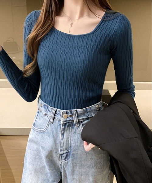 kirakiraShop(キラキラショップ)の「3Dコードヤーン Uネック ニット トップス(ニット/セーター・レディース・アイボリー/ブルー/ホワイト/ブラック・FREE)」の18枚目の写真