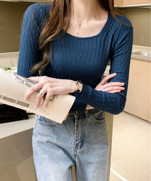 kirakiraShop(キラキラショップ)の「3Dコードヤーン Uネック ニット トップス(ニット/セーター・レディース・アイボリー/ブルー/ホワイト/ブラック・FREE)」の20枚目の写真